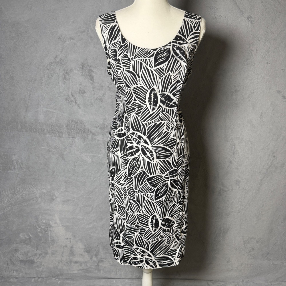 Robbie Bee 12P Petite Black White Leaf Print Cotton Sheath Dress Sleeveless